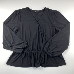 Ann Taylor Womens Sz Large Faux Wrap Peasant Balloon Sleeve Blouse Black Stretch